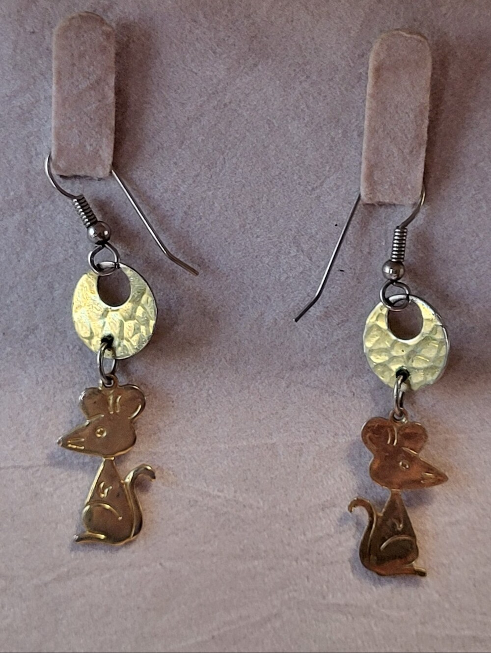 Vintage Mouse Drop Earrings Whimsical Cute Dangles Hammered Metal